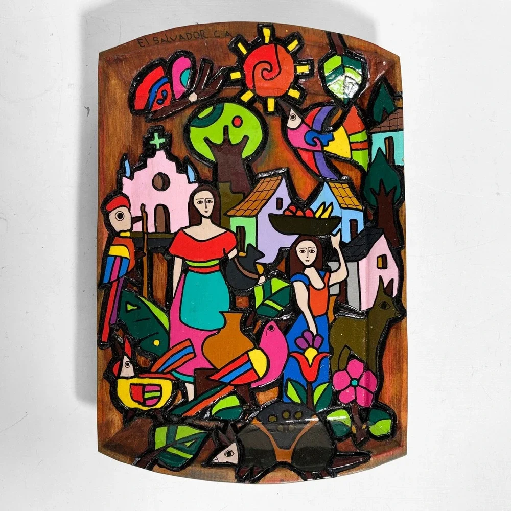 El Salvador Folk Art Hand Painted Wood Village Scene Wall Plaque La Palma Style